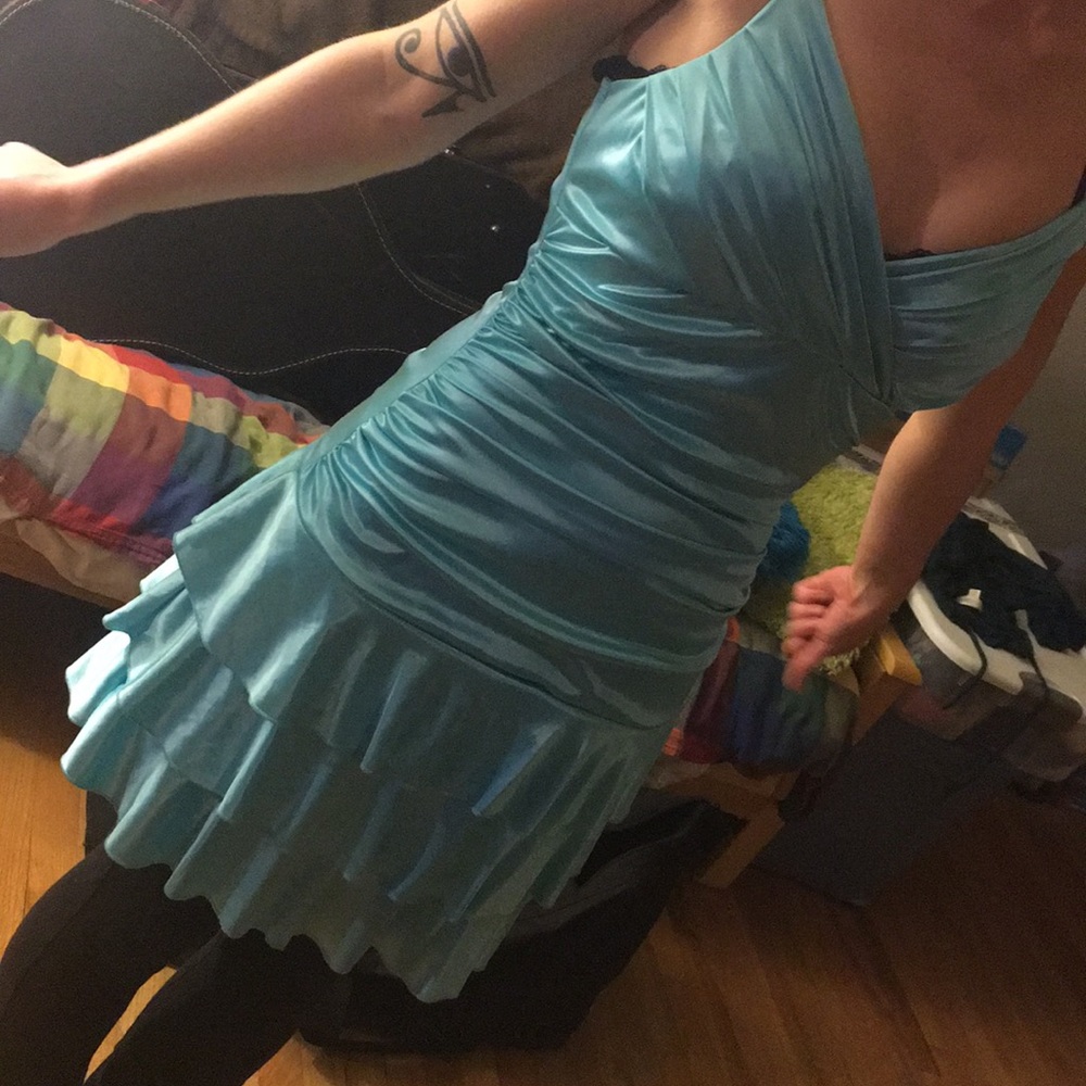 Silky turquoise flared homecoming dress